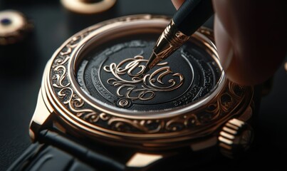 Obraz premium Gold pen inscribing ornate watch face.