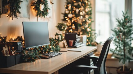 A sophisticated office decorated with pine garlands and stock photo