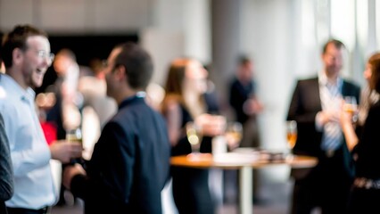A blurred background capturing a corporate mixer, with colleagues enjoying a casual networking session.
