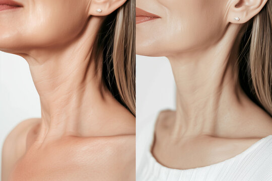 Before after neck lift jowls firming tightening antiaging treatment skin clinic mature woman cosmetic threading hifu serum aesthetic glow transformation skincare beauty wellness banner closeup