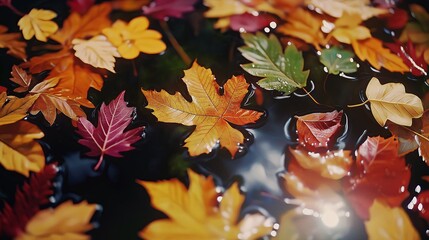 Vibrant Autumn Leaves Floating on Water
