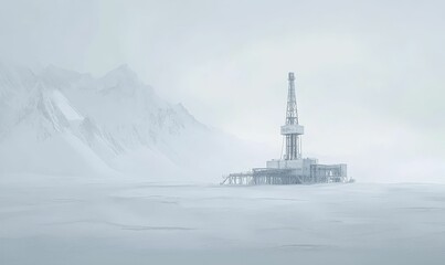 Oil rig in snowy, mountainous landscape.