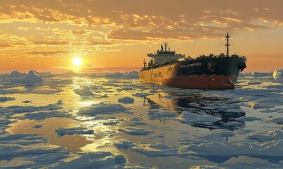 Fototapeta premium Ship sailing through ice floes at sunset.