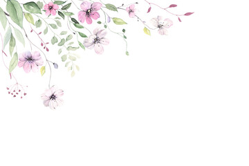 Delicate spring background with white and pink flowers and delicate green leaves on branches. Colorful watercolor isolated illustration for your design greeting or invitation cards, banner or cover.