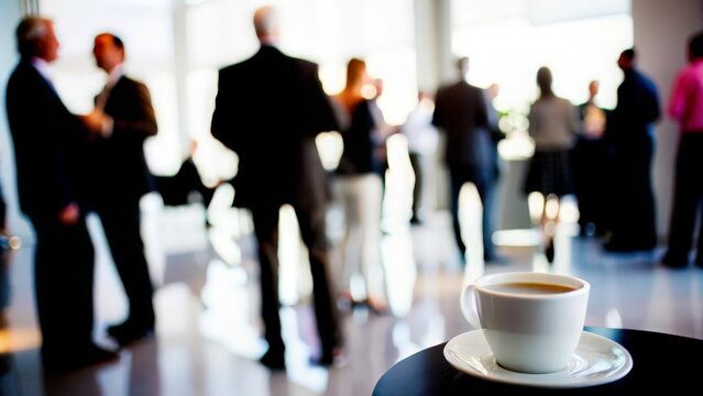 A casual blur showing a coffee break at a networking event, with attendees chatting in the background.
