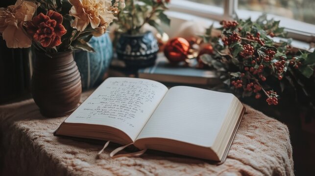 An open journal on a table with New Year resolutions, stock photo