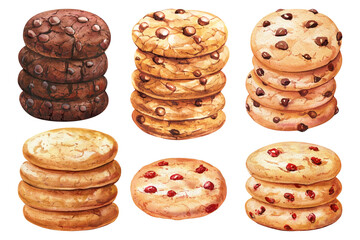 Watercolor chocolate chip cookie illustration. Cookies, bakery treats, hand-painted dessert clipart, pastry art isolated