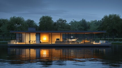 Nighttime security for a modern smart home featuring a digital padlock icon for protection