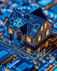 Obraz premium Nighttime security in a modern smart home featuring a digital padlock for enhanced protection