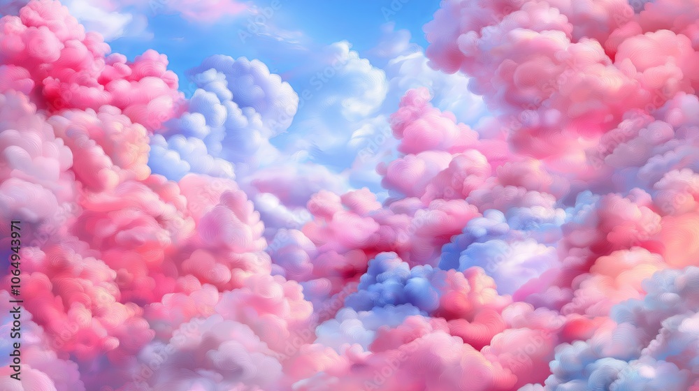 Poster soft, whimsical cloudscape in pink and blue: a sky full of fluffy, dreamy clouds in soft shades of p
