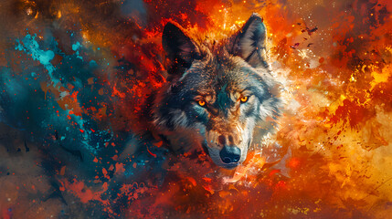 Fototapeta premium A powerful depiction of a wolf bathed in radiant, fiery hues. This vibrant artwork combines elements of wildlife and abstract art, creating an intense visual impact