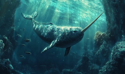 Narwhal swims through dark blue ocean water.