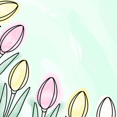 Watercolor tulips in spring colors Corner frame border on trendy soft green background. Copy space