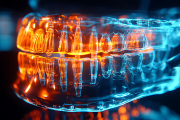 A glowing hologram of the entire dental implant, showcasing detailed anatomical structures with a futuristic, digital appearance.