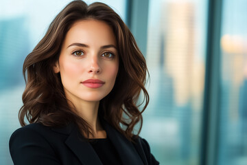 Fototapeta premium A businesswoman stands with confidence in a sleek office, showcasing a professional demeanor and a city view