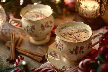 Fototapeta premium Festive holiday coffee with cinnamon and peppermint
