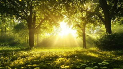 Obraz premium Sunbeams Through Forest Trees