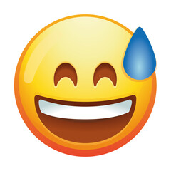 A grinning emoji face with sweat, showcasing a relieved smile and bright eyes, expressing a mix of happiness and mild stress in vibrant yellow.