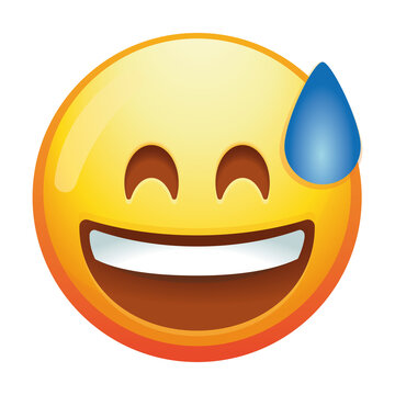 A grinning emoji face with sweat, showcasing a relieved smile and bright eyes, expressing a mix of happiness and mild stress in vibrant yellow.