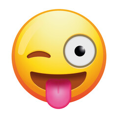 A playful winking emoji face with its tongue out, radiating fun and cheekiness with a bright smile and vibrant yellow colors.