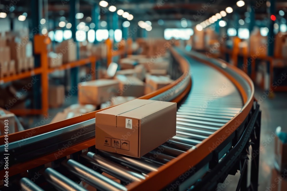 Poster in a modern warehouse, cardboard boxes move on a conveyor belt, demonstrating efficient logistics an