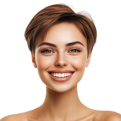Obraz premium Portrait of a beautiful female model with short brown hairstyle. Fashion, cosmetics, and makeup concepts isolated on a transparent background