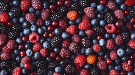 A seamless spread of mixed berries, including raspberries, blueberries, and blackberries, tightly packed to fill the entire frame with vibrant, juicy textures.