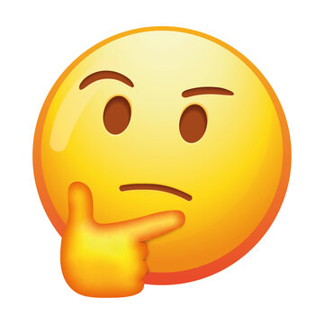 Naklejki A thinking emoji face with a hand on its chin and a raised eyebrow, expressing contemplation and deep thought in soft yellow tones.