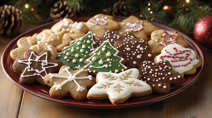 Fototapeta premium A colorful assortment of Christmas cookies arranged on a decorative plate