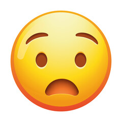 Fototapeta premium An anguished emoji face with furrowed brows and an open mouth, conveying deep distress or pain in bright yellow tones.