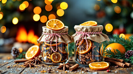 Festive Holiday Jars with Dried Oranges and Spices in Cozy Candlelit Setting. Christmas home festive decor
