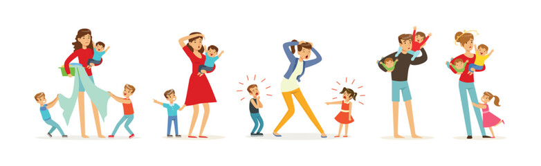 Exhausted Dad and Mom with Hyperactive Child Claiming Attention Vector Set