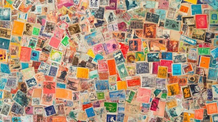 Fototapeta premium A surface densely covered with international postage stamps, filling every inch of the frame with their vibrant colors, unique designs, and cultural diversity.