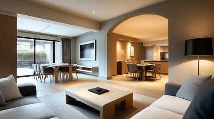 Modern open-plan living and dining room with contemporary furniture and large glass doors leading to a patio area.