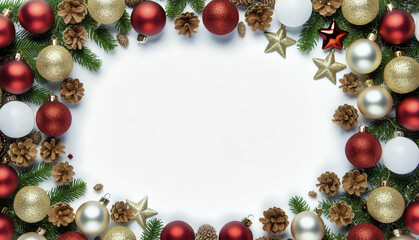 Christmas white background with Christmas balls and decorations in a circle in the shape of a wreath