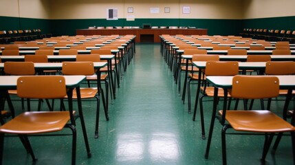 Classroom Ready: Rows of empty desks and chairs in a well-lit classroom, ready for students.  Awaiting eager minds.