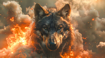 Fototapeta premium A powerful depiction of a wolf bathed in radiant, fiery hues. This vibrant artwork combines elements of wildlife and abstract art, creating an intense visual impact