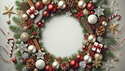 Christmas white background with Christmas balls and decorations in a circle in the shape of a wreath