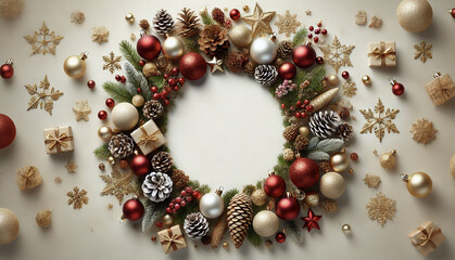 Christmas white background with Christmas balls and decorations in a circle in the shape of a wreath