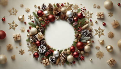 Christmas white background with Christmas balls and decorations in a circle in the shape of a wreath