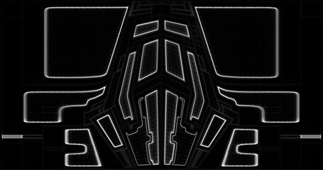Symmetrical abstract design reminiscent of a futuristic spaceship door, with bright white lines creating a neon effect on a stark black background. Vector illustration.