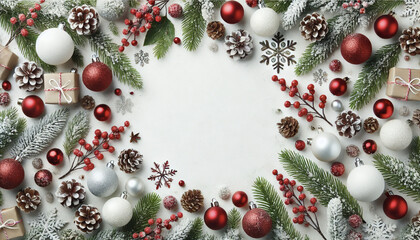 Christmas white background with Christmas balls and decorations in a circle in the shape of a wreath