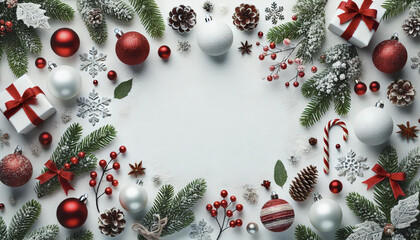 Christmas white background with Christmas balls and decorations in a circle in the shape of a wreath