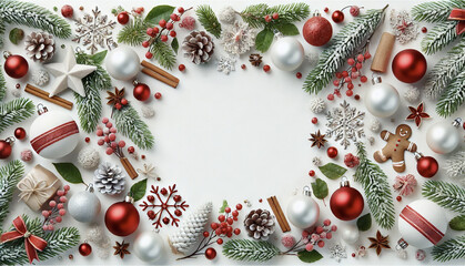 Christmas white background with Christmas balls and decorations in a circle in the shape of a wreath