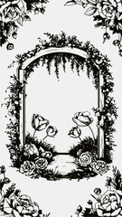 Obraz premium Beautiful frame decorated with flowers in vintage stroke style. Vertical monochrome vector sketch, template for open and congratulations