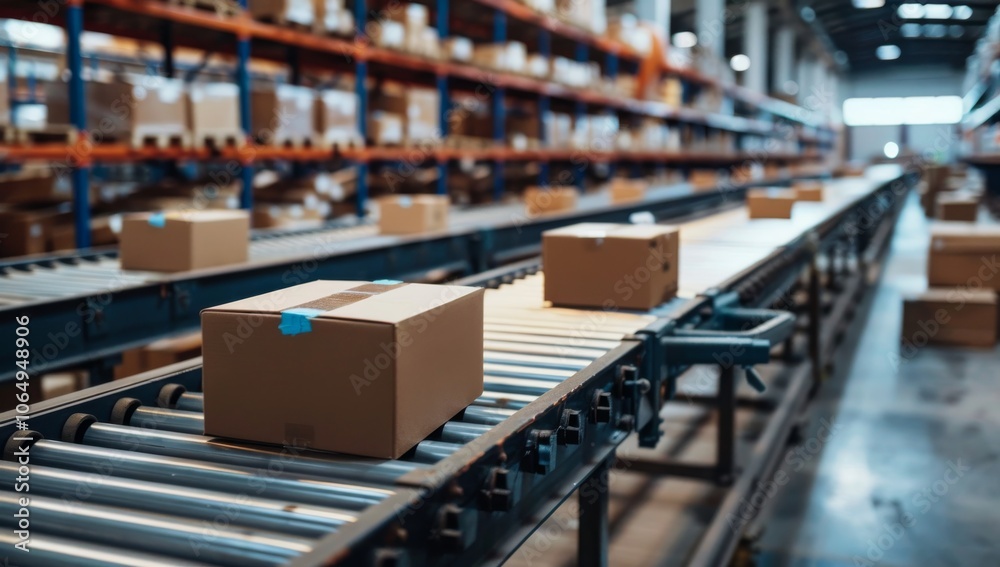 Leinwandbilder Image of an automated warehouse showing a conveyor system with cardboard boxes. This industrial setup highlights efficient package sorting and distribution methods in a modern facility.