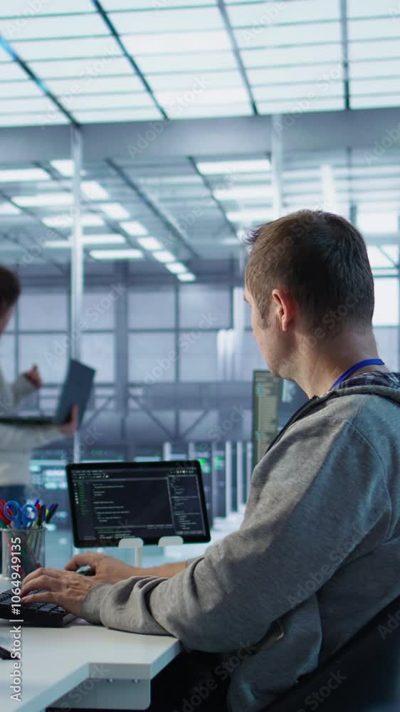 Poster manager admonishing programmer after making error damaging high tech data center. supervisor scoldin