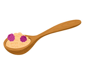 Oatmeal porridge in spoon. Healthy cereal breakfast icon. Oat flakes snack, delicious tasty nutrition, snack. Cartoon vector illustration isolated on the white background. 