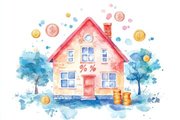 Fototapeta premium A colorful watercolor illustration of a house surrounded by money symbols, representing real estate investment and finance.