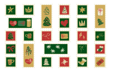 Crayon Christmas stamp. Pencil texture label in postage shape with grunge gift, santa sock and xmas tree. Childlike winter greeting collection for printable envelope design. Holly season set.